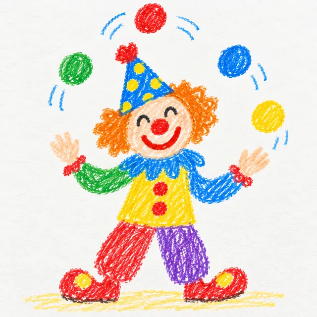 Dessin d'un clown souriant qui jongle avec des balles colorées