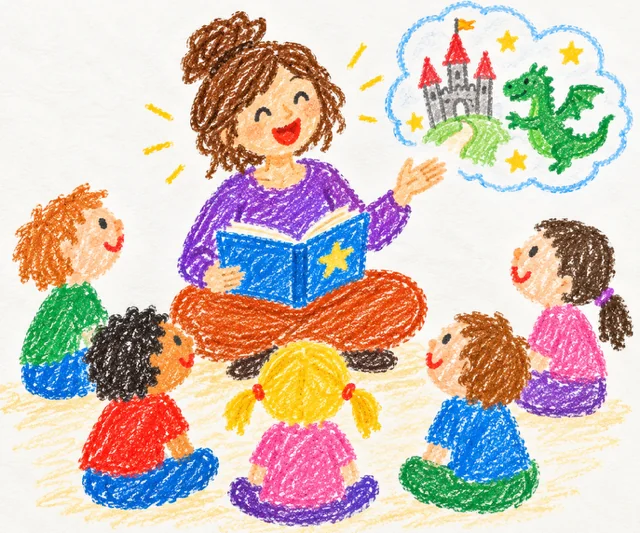 Dessin d'une conteuse lisant une histoire à des enfants assis autour d'elle