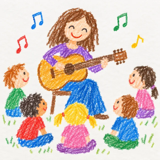 Dessin d'une musicienne jouant de la guitare pour des enfants