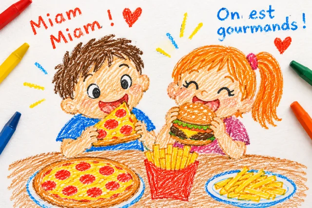 Dessin de deux enfants gourmands mangeant pizza, burger et frites