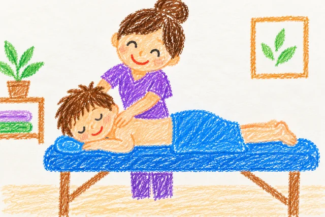 Dessin d'une socio-esthéticienne massant le dos d'un enfant allongé