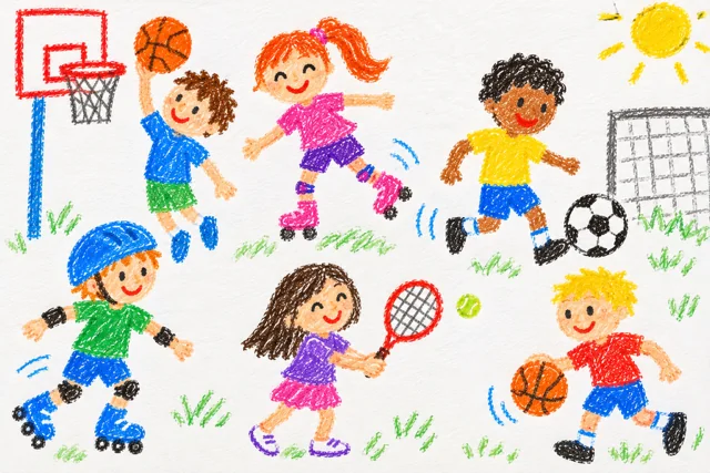 Dessin d'enfants faisant du sport : basket, roller, football et tennis